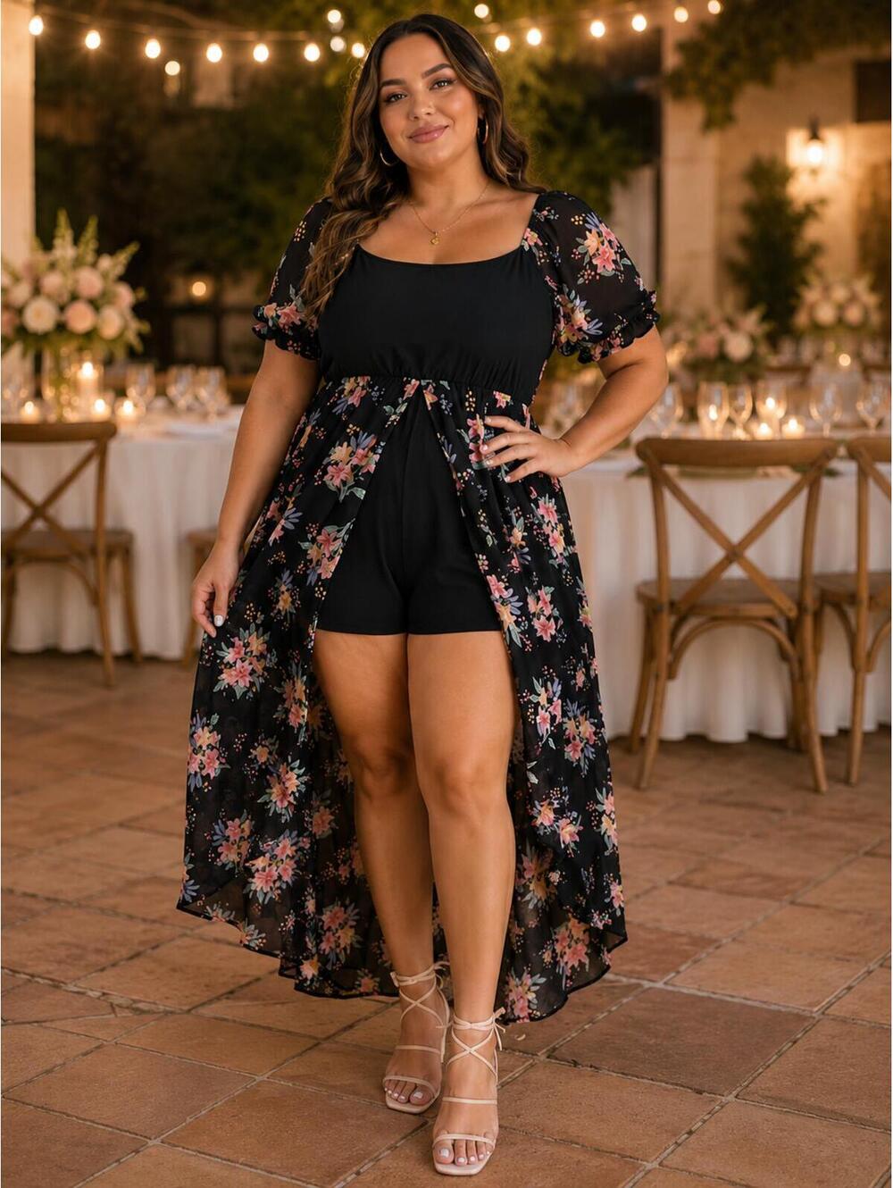 386 NWT Bloomchic 14-16 XL 21" ptp Floral Puff Sleeve Romper Dress R0000386